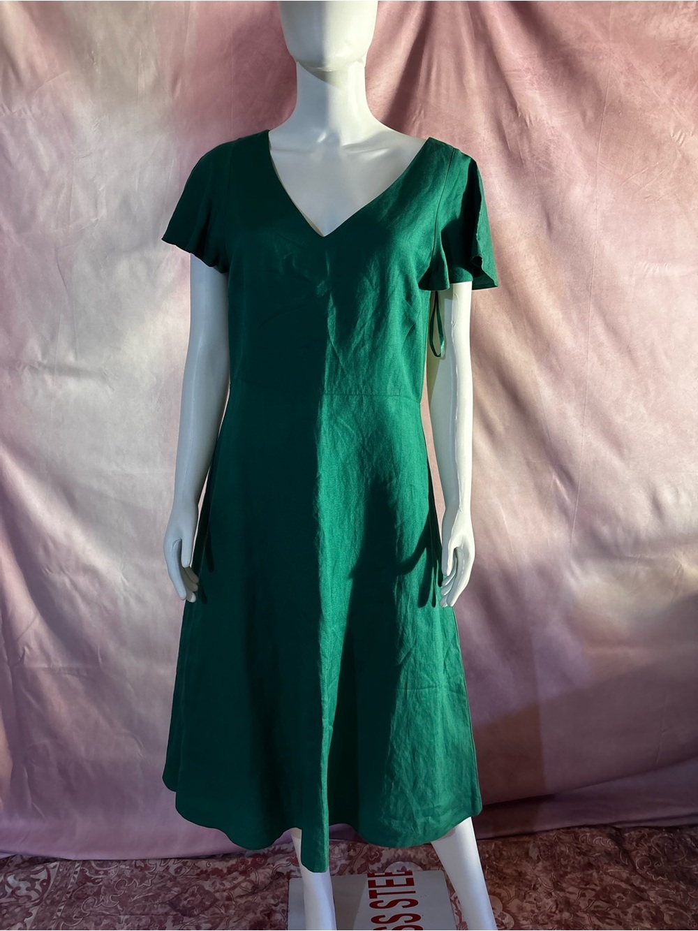 Ann Taylor Emerald Green V-Neck Midi with Flutter Sleeves